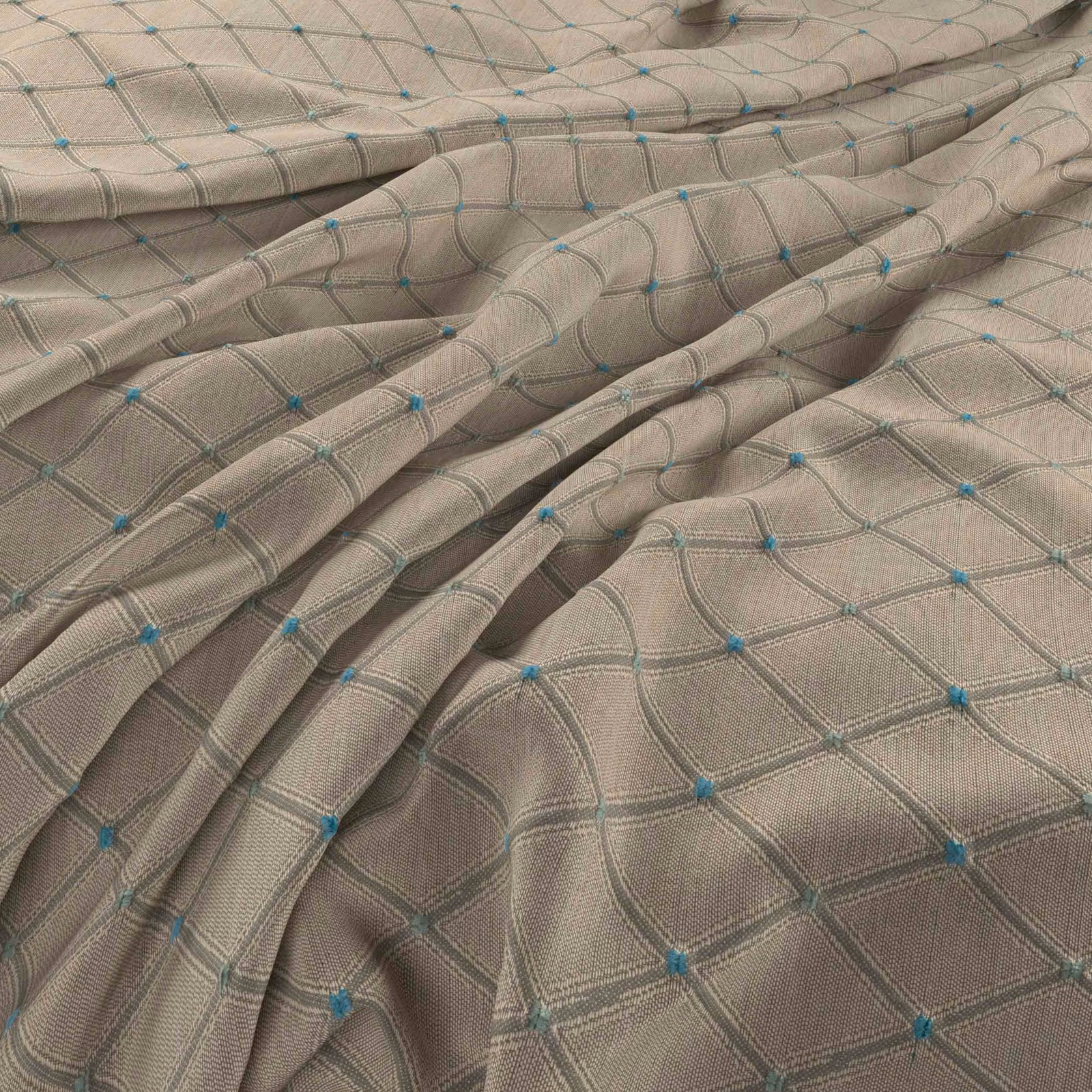 Taupe-grey woven trellis with turquoise pinpoints gathered into soft folds