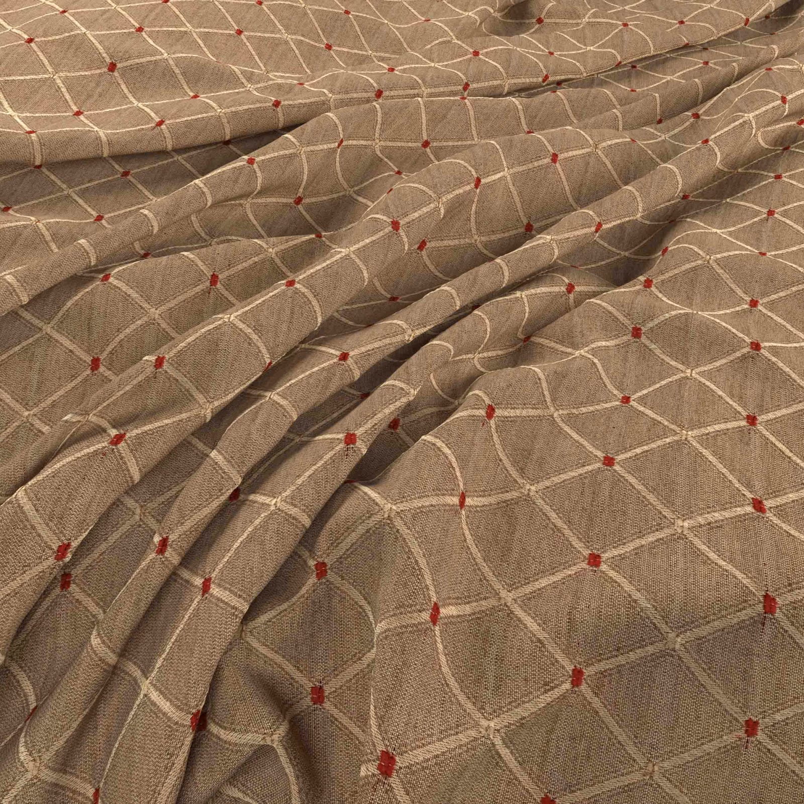 Warm taupe woven cloth with cream rounded lattice and ruby-red intersection dots