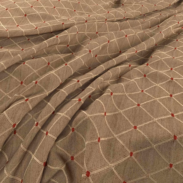 Warm taupe woven cloth with cream rounded lattice and ruby-red intersection dots
