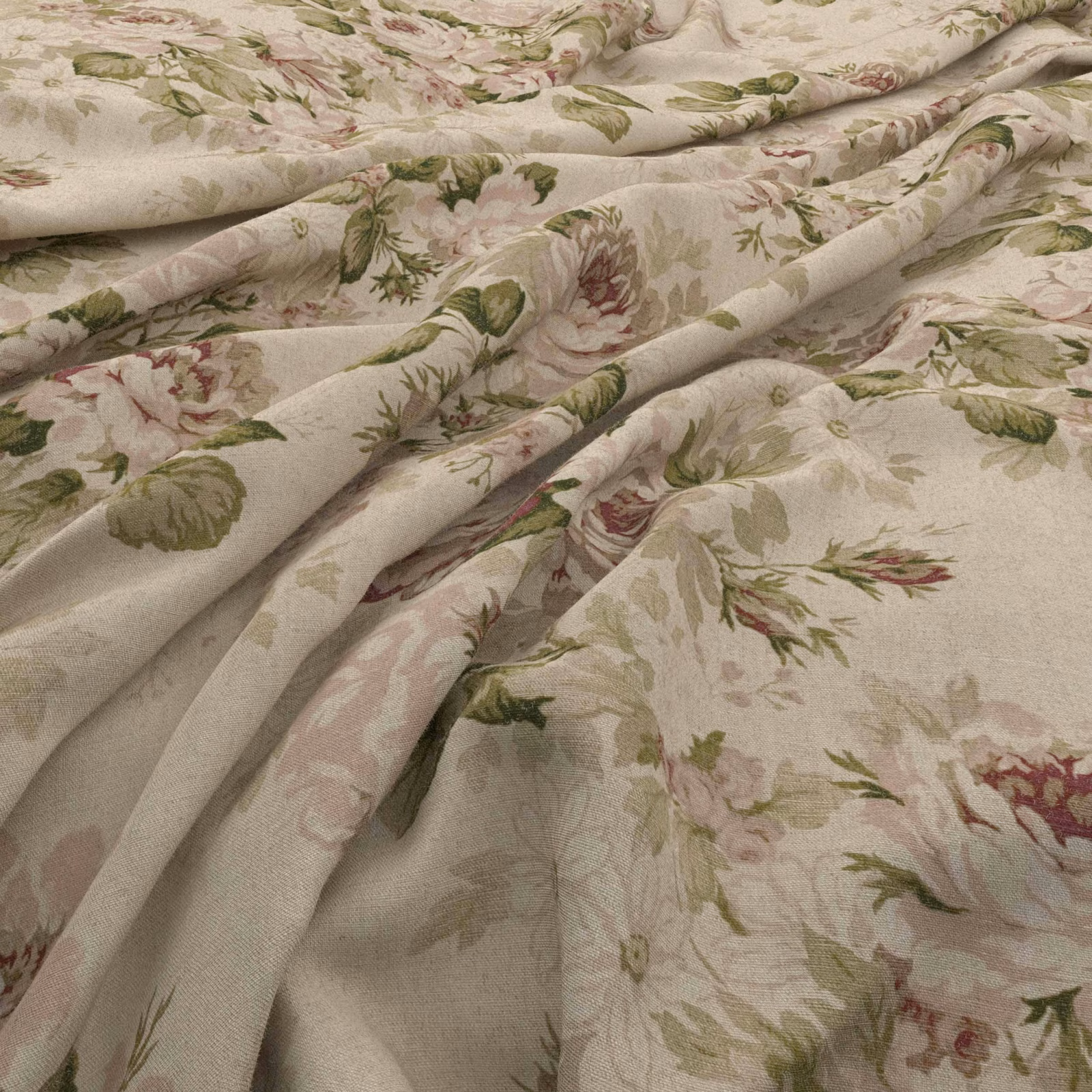 Warm ivory floral fabric with muted pink blooms and sage foliage in soft folds