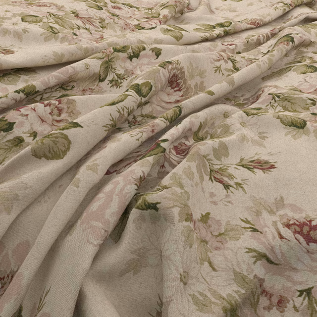 Warm ivory floral fabric with muted pink blooms and sage foliage in soft folds