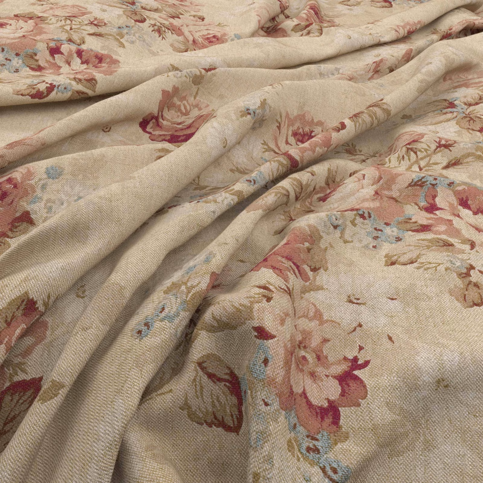 Warm beige woven fabric with blush rose florals and muted blue accents