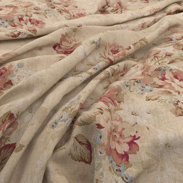 Warm beige woven fabric with blush rose florals and muted blue accents