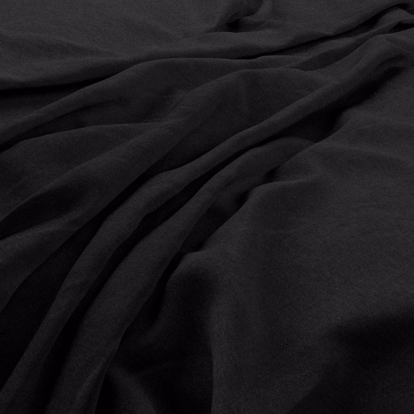 Deep coal-black woven fabric gathered into softly lit, sculptural folds
