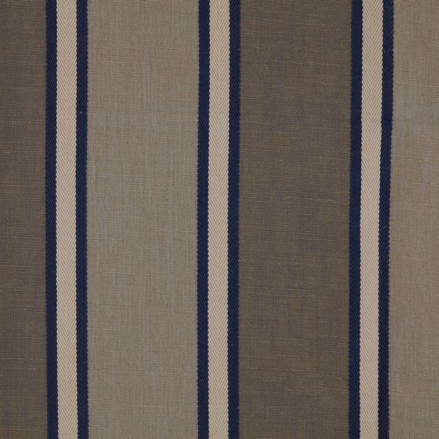 Prussian-blue and cream vertical stripes over a textured taupe-grey woven ground
