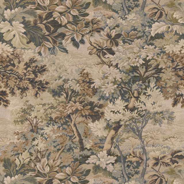 Muted hunter-green woodland trees and cream flowers woven across a taupe ground