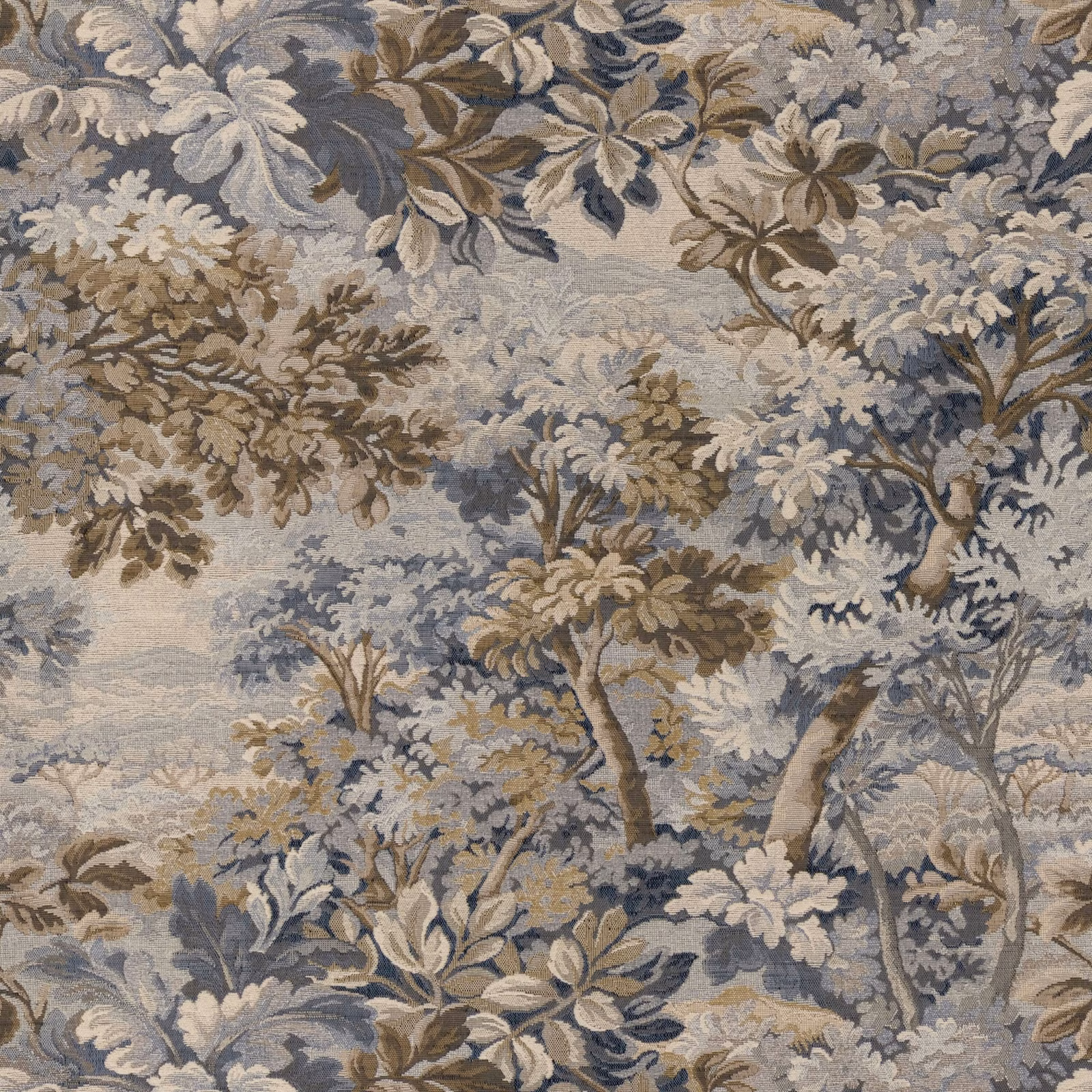 Muted indigo woven fabric with sprawling blue, taupe and stone botanical foliage