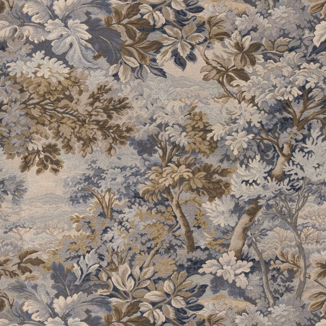 Muted indigo woven fabric with sprawling blue, taupe and stone botanical foliage