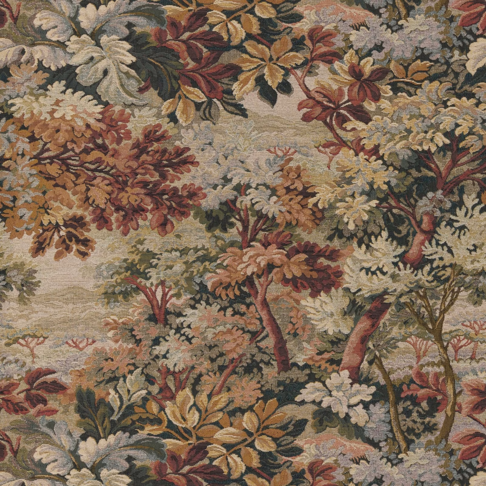Muted olive Highclere Tapestry with burgundy blooms, ochre leaves and woodland trees