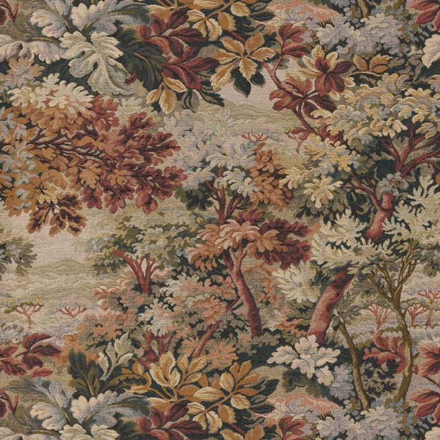 Muted olive Highclere Tapestry with burgundy blooms, ochre leaves and woodland trees
