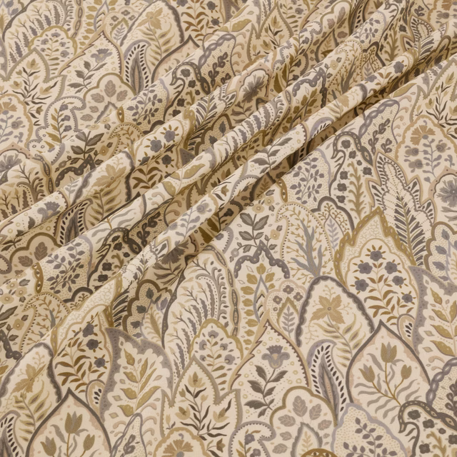 Warm ivory paisley fabric with olive, taupe and grey floral detailing