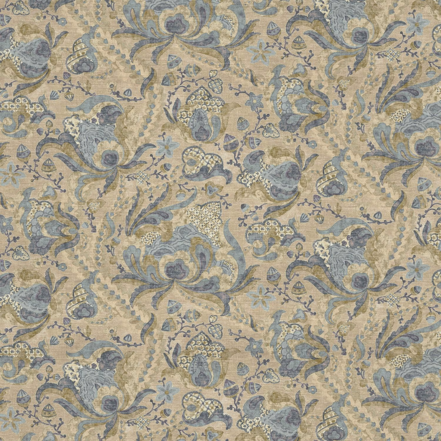 Muted taupe-beige Houghton textile with dusty blue florals and scrolling paisley