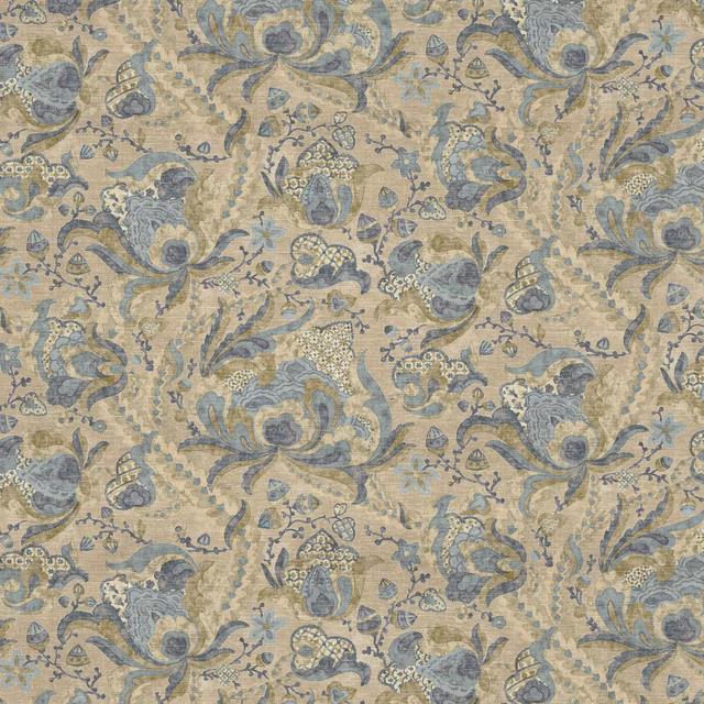 Muted taupe-beige Houghton textile with dusty blue florals and scrolling paisley