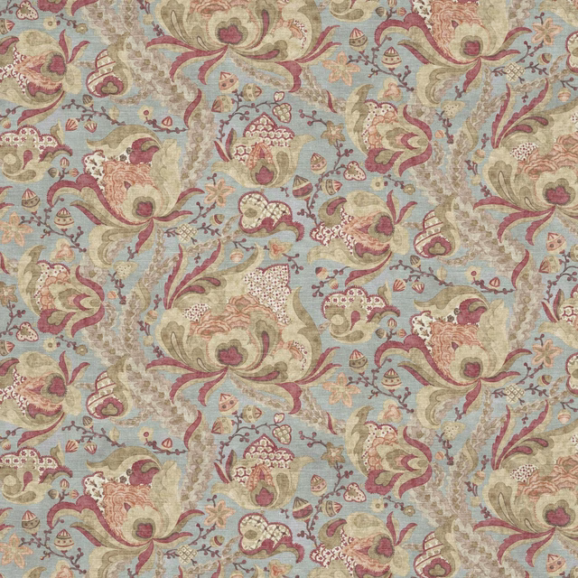 Textured dusty blue fabric with olive, burgundy and blush scrolling floral paisley motifs