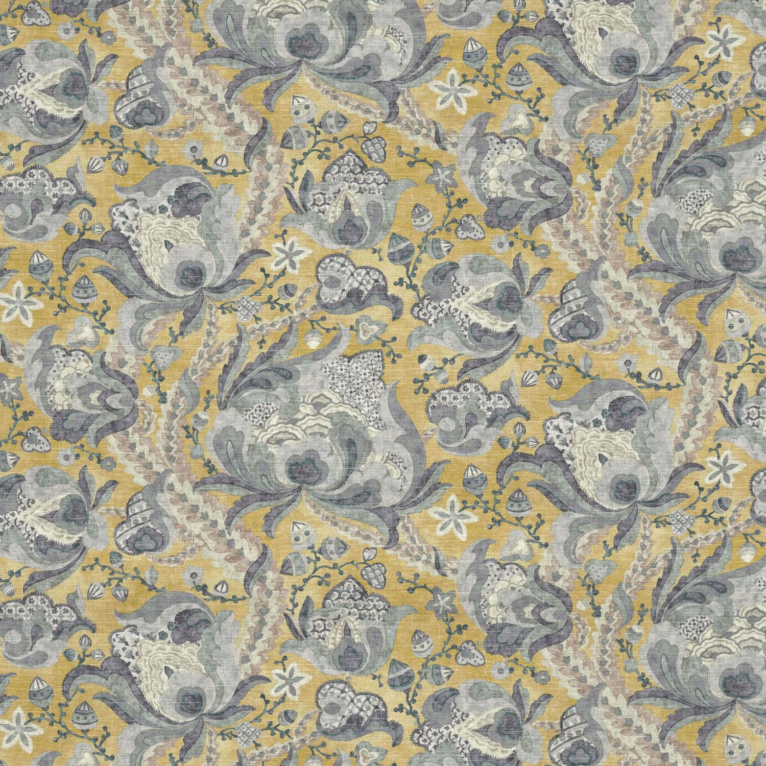 Muted saffron fabric with large grey floral and paisley motifs