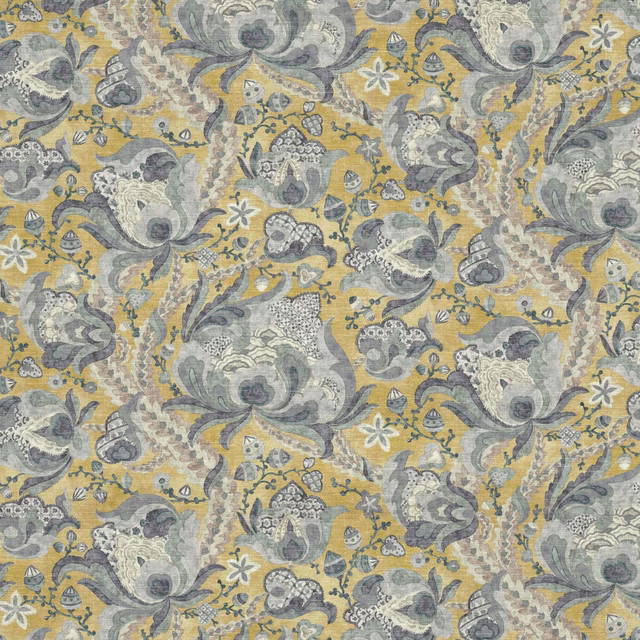 Muted saffron fabric with large grey floral and paisley motifs