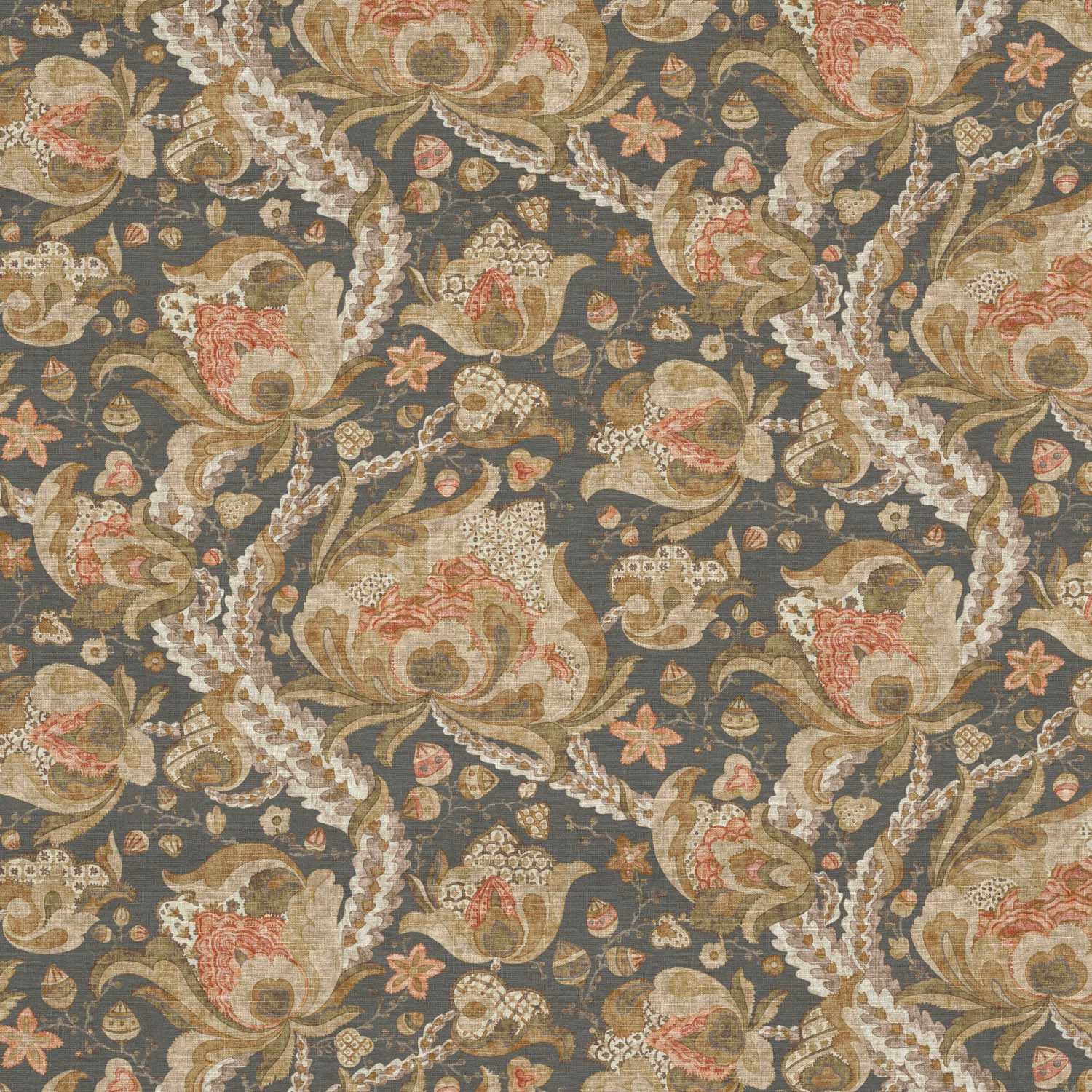 Charcoal floral paisley fabric with sienna, olive, cream and coral textured detailing