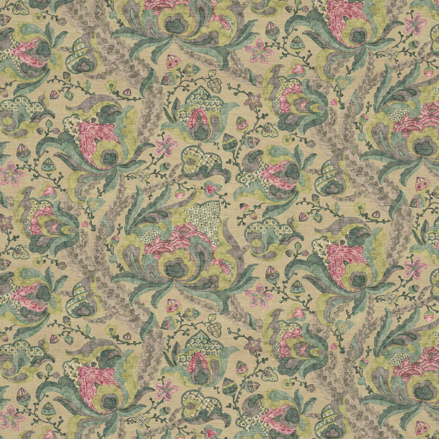 Muted verdigris paisley fabric with pink florals and a parchment-toned ground