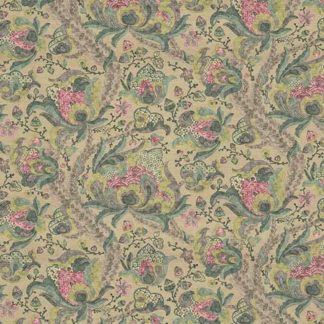 Muted verdigris paisley fabric with pink florals and a parchment-toned ground
