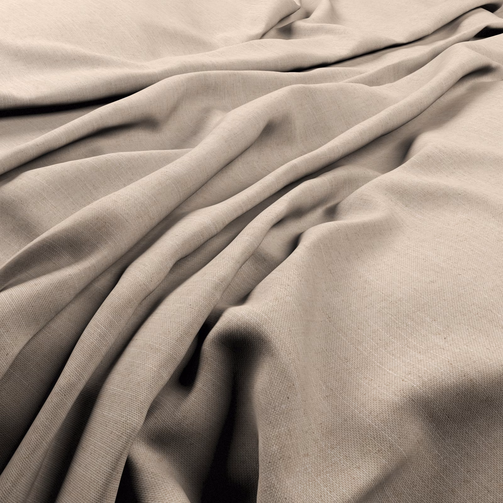 Warm driftwood taupe fabric in fluid folds, showing a fine woven surface and shaded beige-grey texture