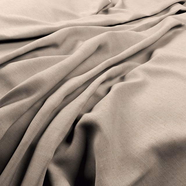 Warm driftwood taupe fabric in fluid folds, showing a fine woven surface and shaded beige-grey texture