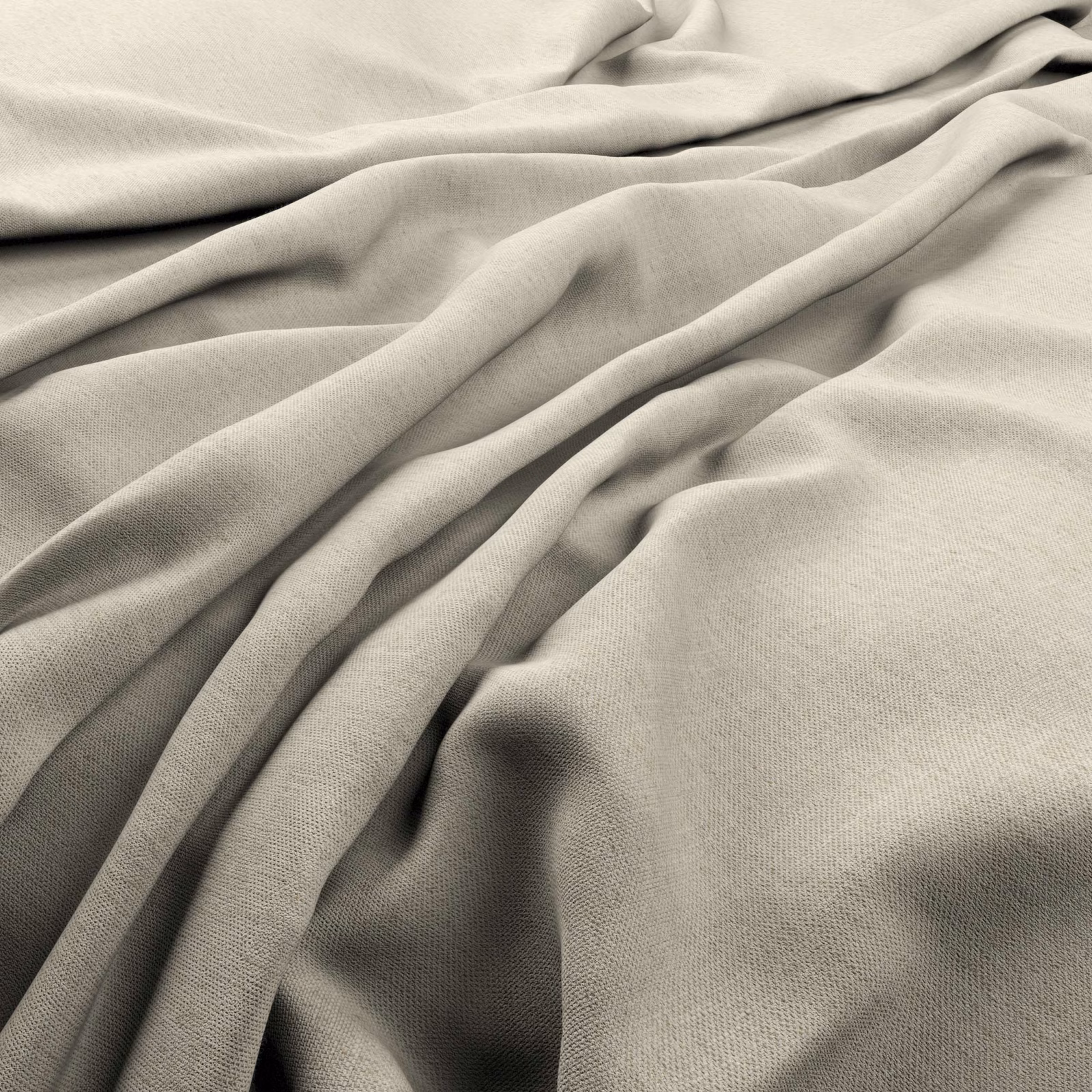 Warm ivory plain-weave fabric draped into deep folds with soft taupe-grey shadows