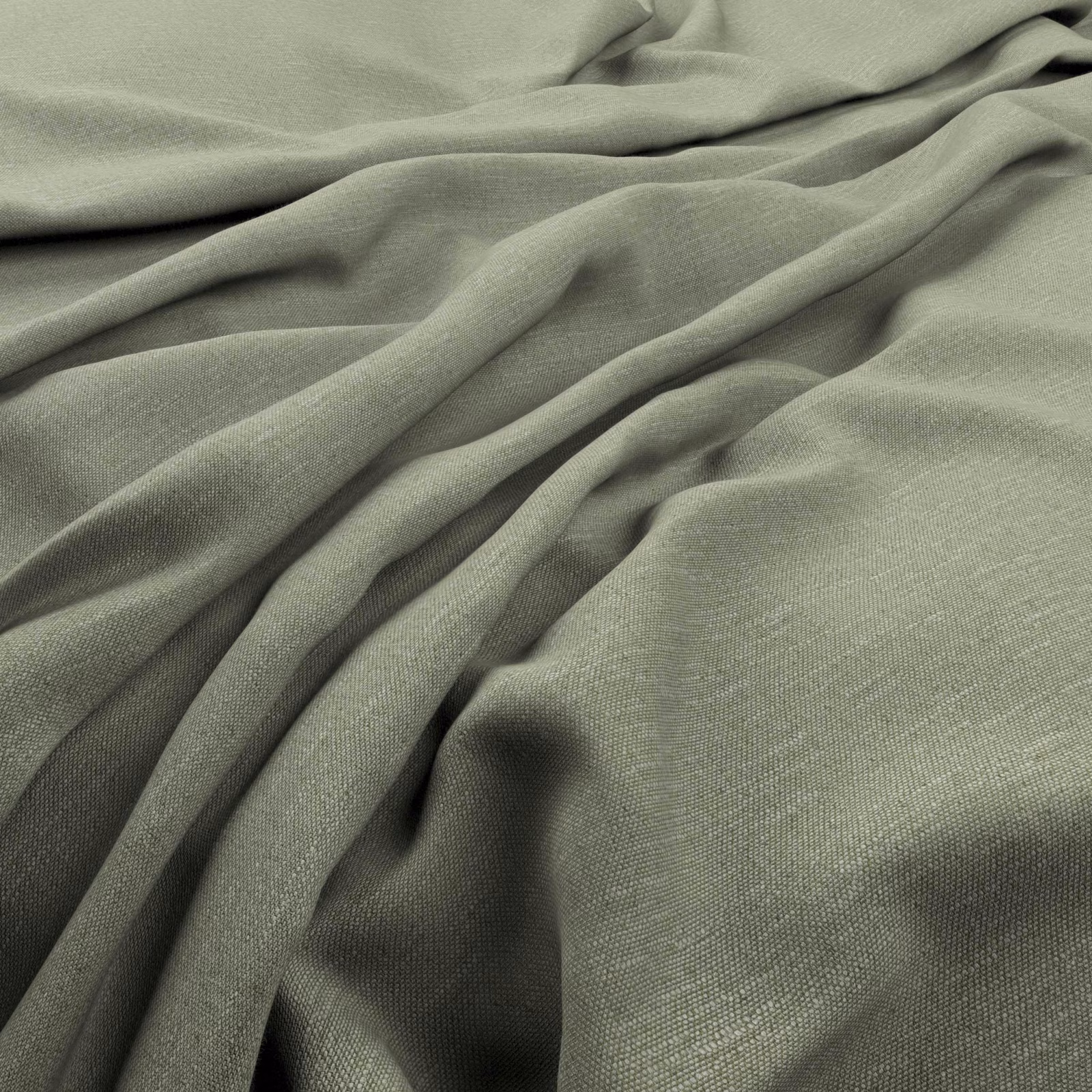 Muted kiwi-green finely woven fabric gathered into soft, fluid folds
