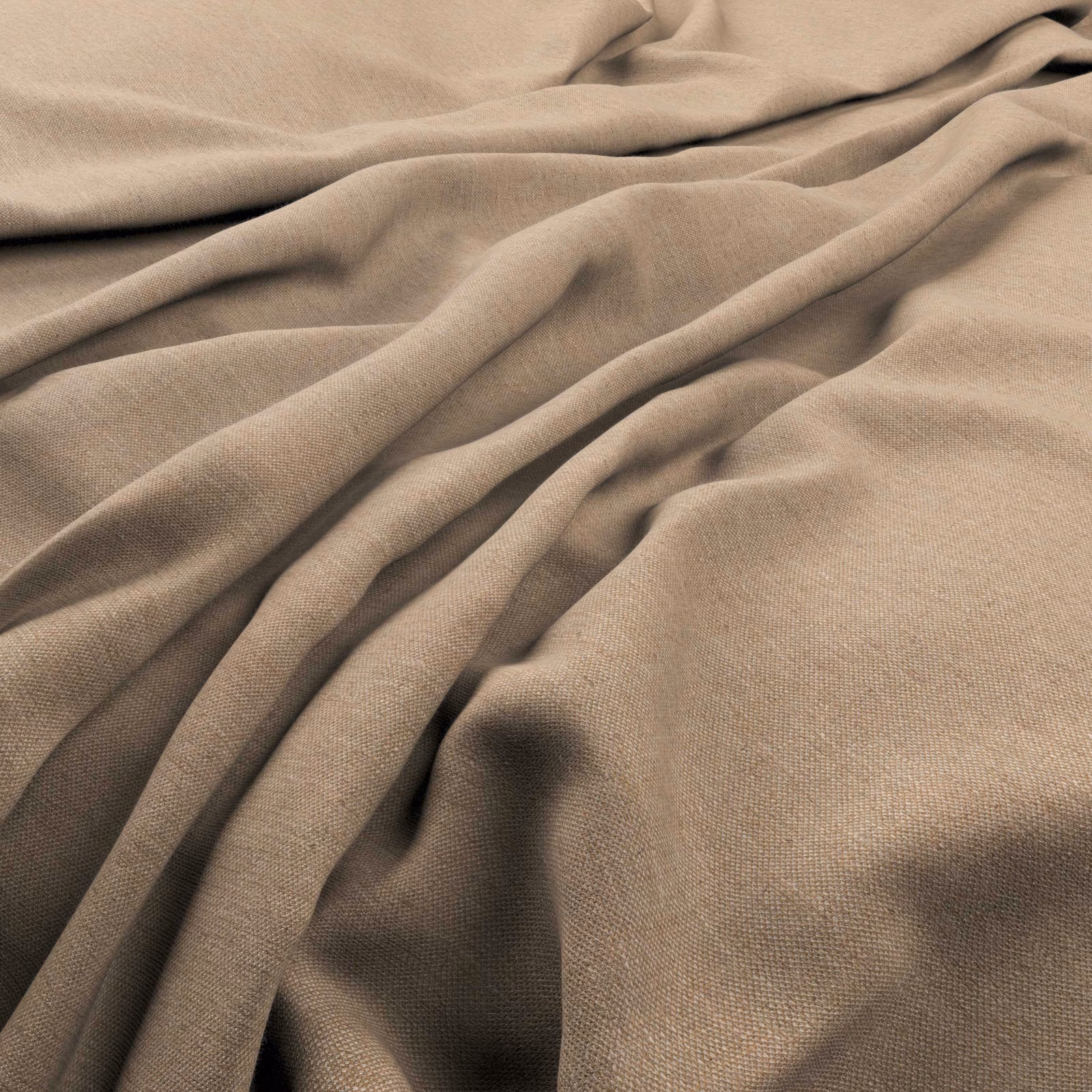 Warm limestone-taupe plain weave gathered into deep, softly shadowed folds