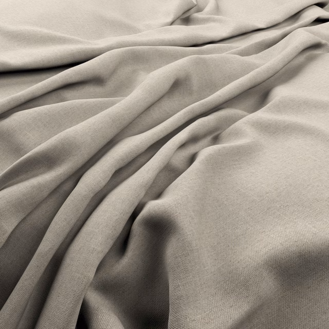 Warm taupe-grey plain weave fabric gathered into soft, fluid folds