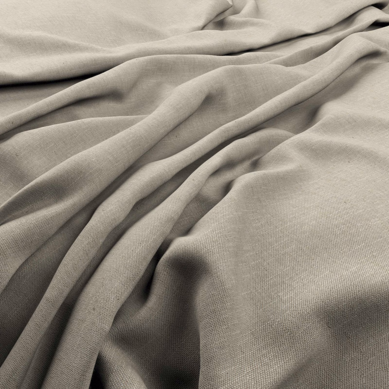 Taupe-grey plain weave fabric draped in soft folds with a fine surface texture
