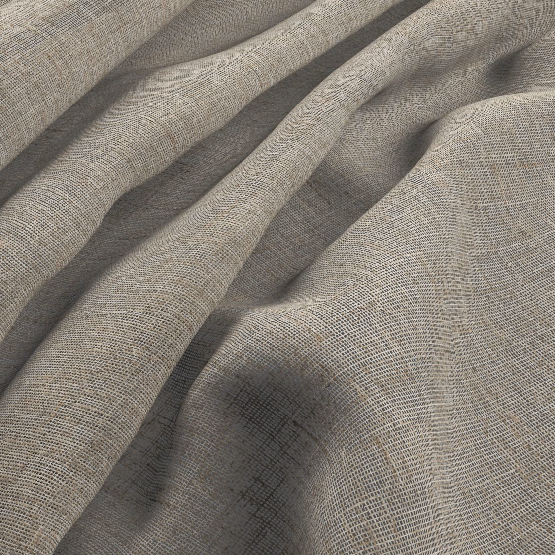 Warm taupe-greige textile with fine crosshatch weave gathered into soft folds