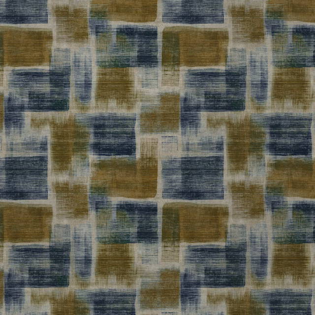 Geometric woven fabric swatch in malachite, olive, blue-grey and cream blocks