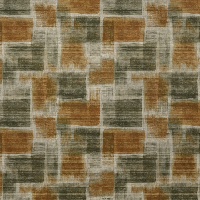 Rust, olive and stone geometric fabric with a softly striated woven texture