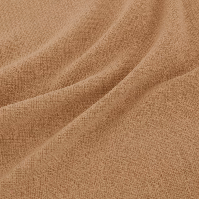 Warm clay fabric with fine crosshatch weave, shown in soft diagonal folds.