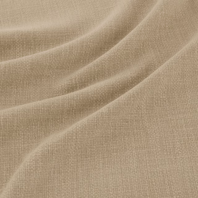 Warm flax beige fabric with fine crosshatch weave arranged in soft folds