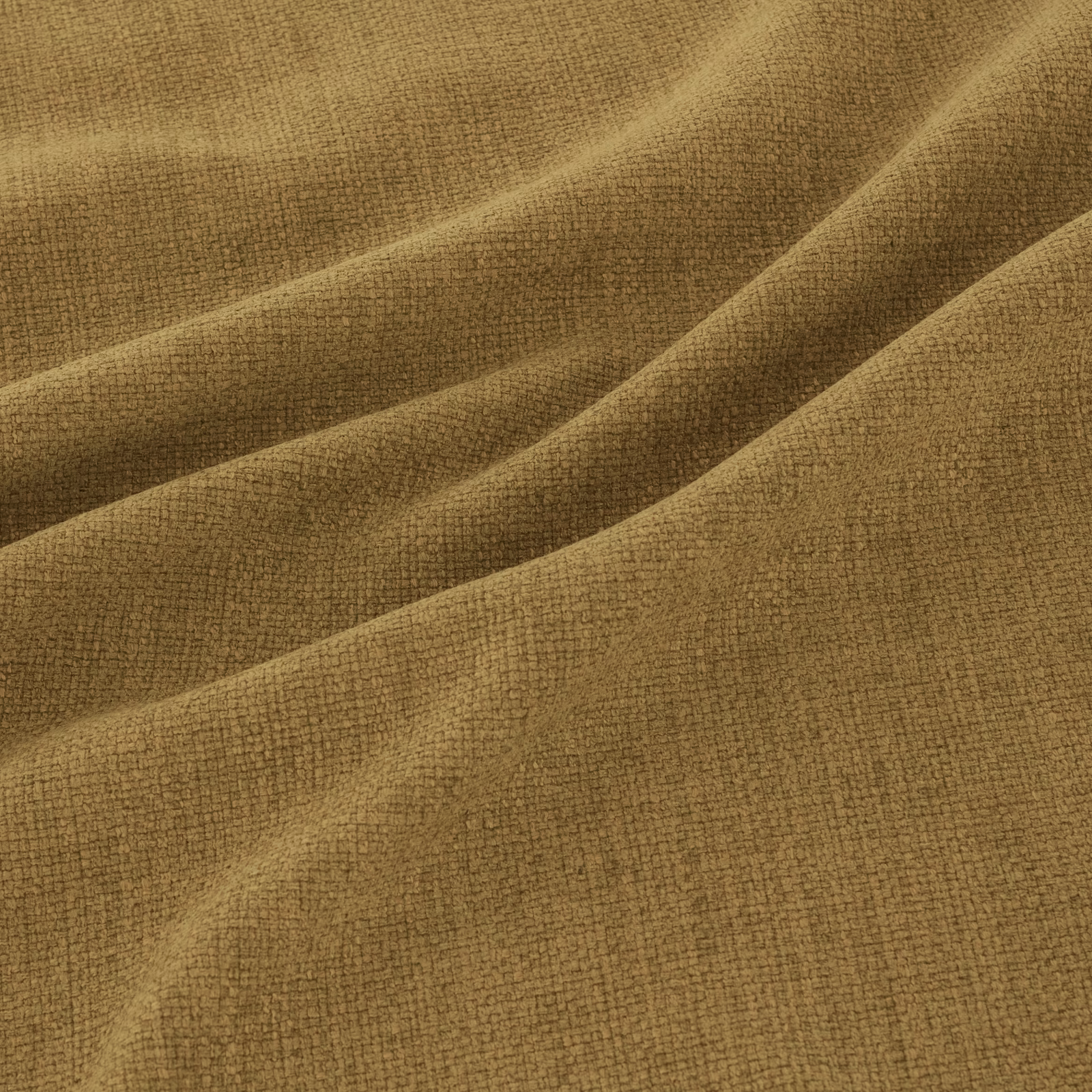 Muted ochre-gold woven fabric with fine texture gathered into soft diagonal folds
