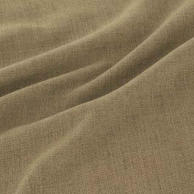 Close view of olive crosshatched woven fabric falling into soft diagonal folds