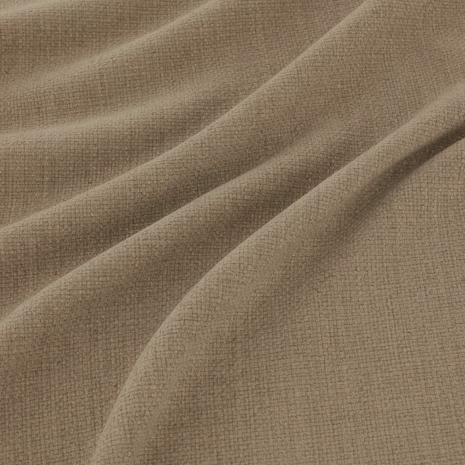 Warm praline taupe fabric with fine crosshatch weave and soft diagonal folds