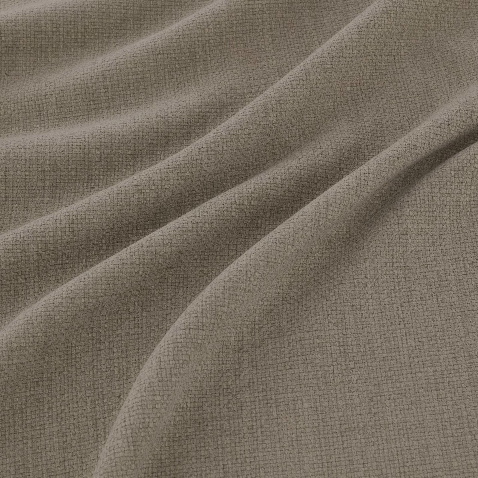 Smoky taupe-grey woven fabric with fine texture draped into soft diagonal folds
