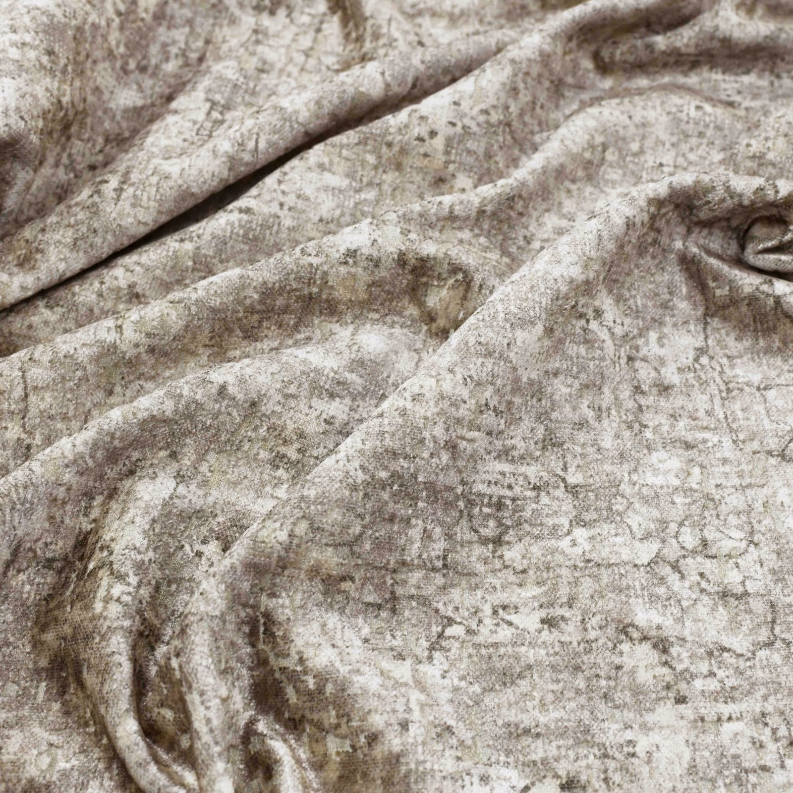 Oyster greige fabric with mottled taupe texture and softly lustrous napped surface
