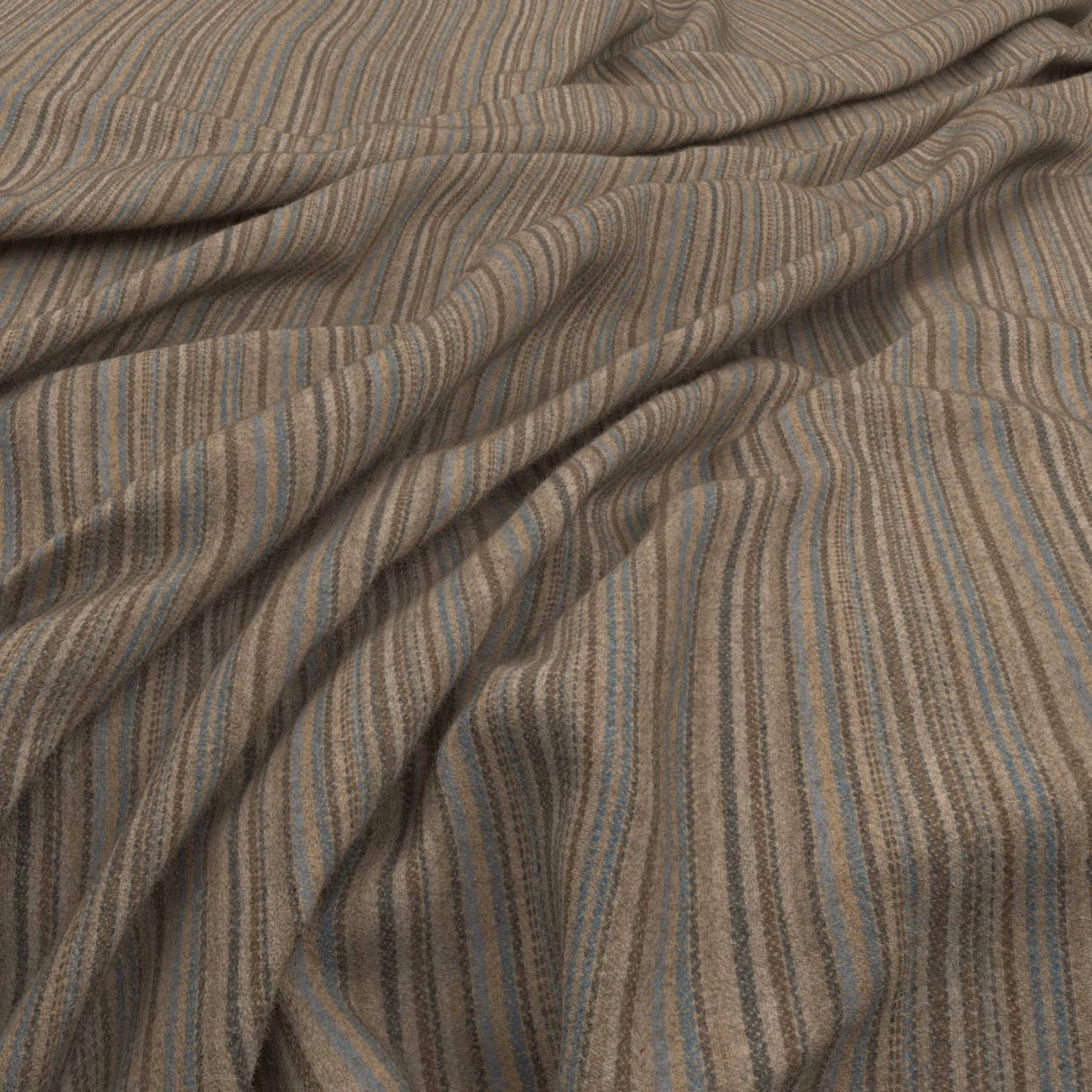 Warm taupe woven fabric with fine blue-grey and brown undulating stripes