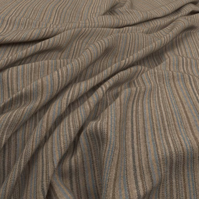 Warm taupe woven fabric with fine blue-grey and brown undulating stripes