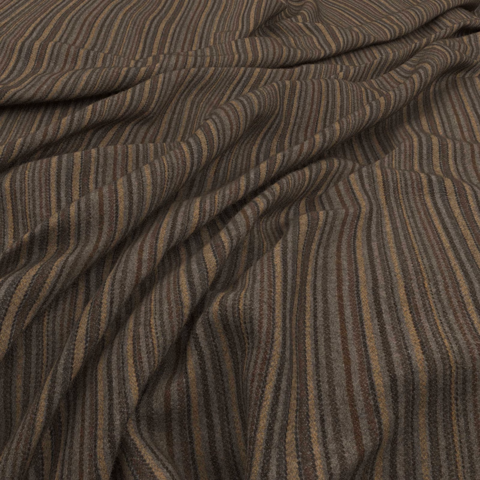 Dark taupe-brown fabric with fine wavy charcoal and muted blue-grey stripes