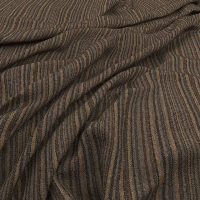 Dark taupe-brown fabric with fine wavy charcoal and muted blue-grey stripes