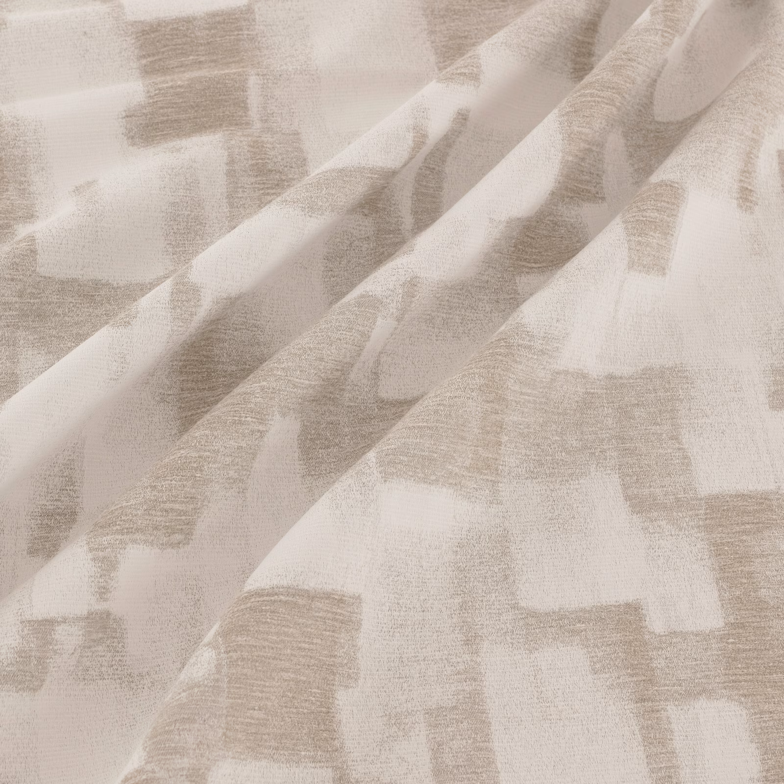 Pale taupe-grey woven fabric with abstract rectangular blocks and softly textured folds