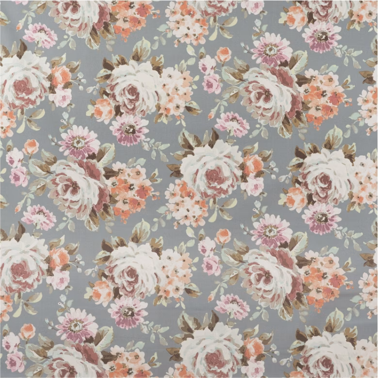 Dusty blue-grey floral fabric with ivory roses, blush blooms and coral accents