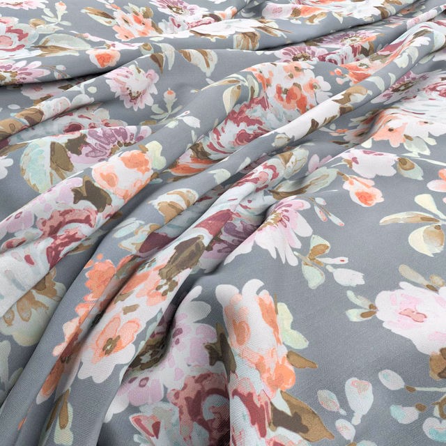 Dusty blue-grey floral fabric with painterly pink, coral, cream and lilac blooms