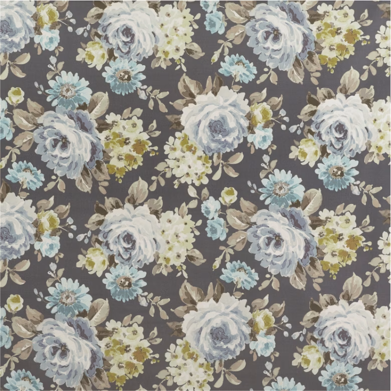 Deep charcoal floral fabric with pale blue roses, cream blossoms and olive foliage