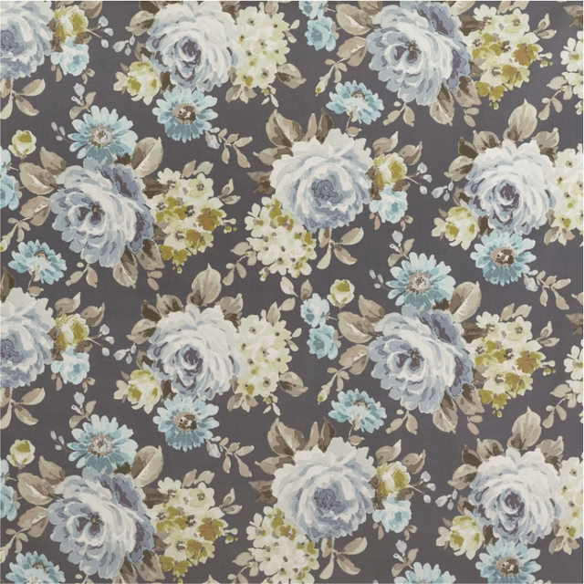Deep charcoal floral fabric with pale blue roses, cream blossoms and olive foliage