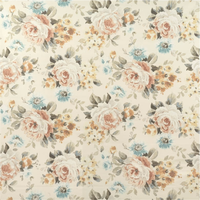 Warm cream floral fabric with blush roses, teal blooms and sage foliage